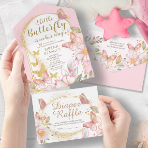A Little Butterfly Gold Glitter Girl Baby Shower All In One Invitation