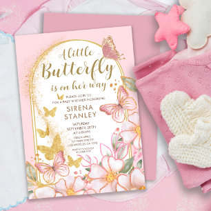 A Little Butterfly Gold Glitter Pink Baby Shower Invitation