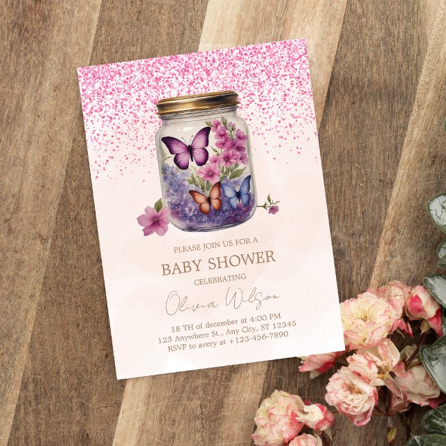 A little butterfly in a jar Floral Baby Shower Invitation (Creator Uploaded)