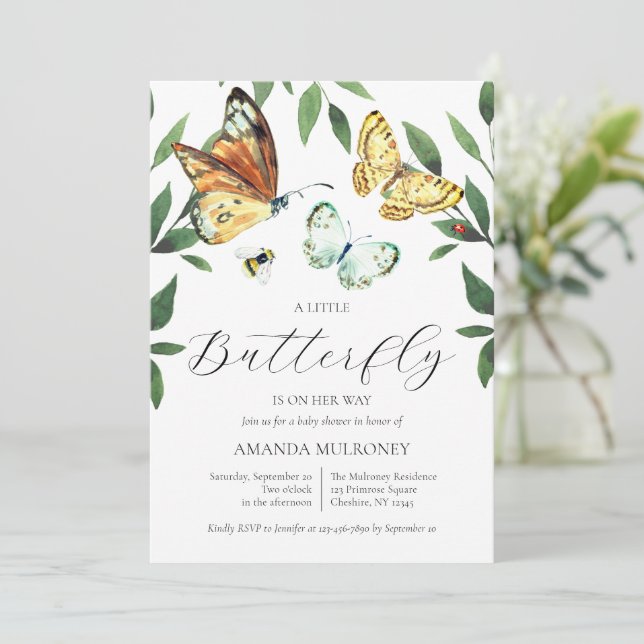 A Little Butterfly Is On Her Way Baby Shower  Invitation (Standing Front)