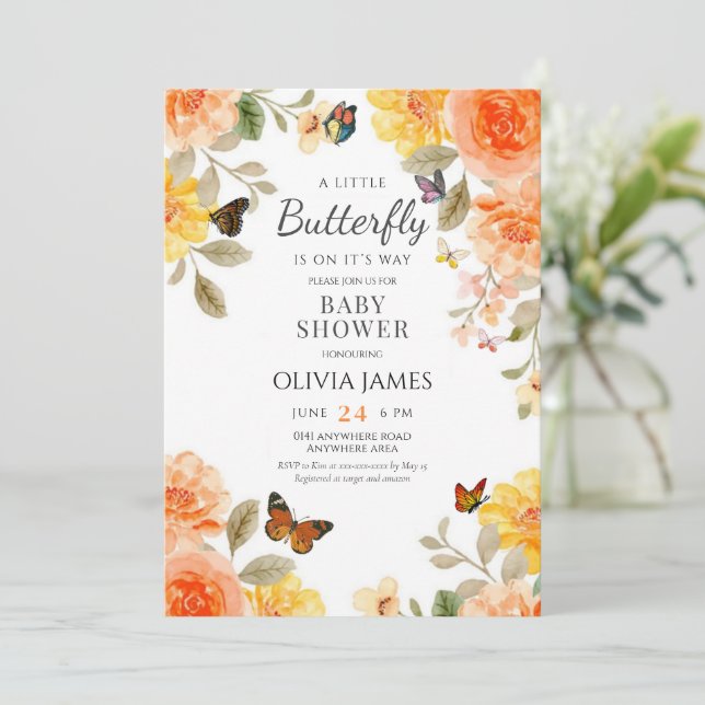 A little butterfly is on her way baby shower  invitation (Standing Front)