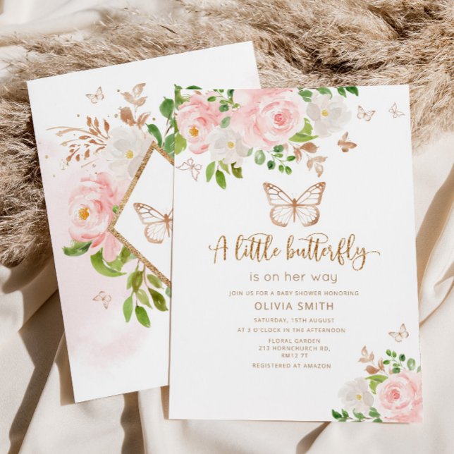 A little butterfly is on her way blush gold invitation (Creator Uploaded)