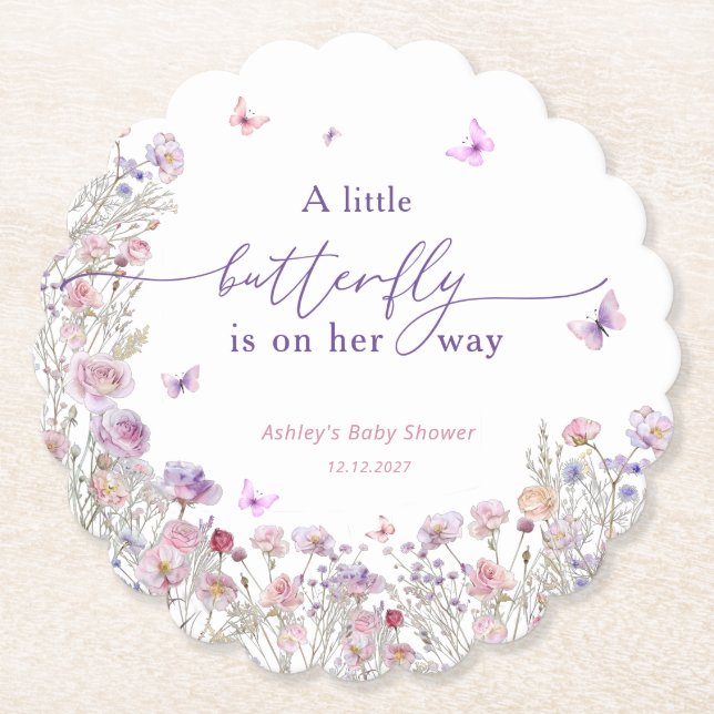 A Little Butterfly Is On Her Way Cute Baby Shower Paper Coaster (Front)