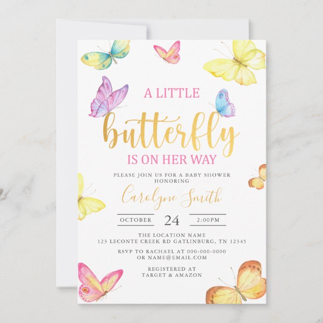 A Little Butterfly Is On Her Way Gold Baby Shower Invitation (Front)