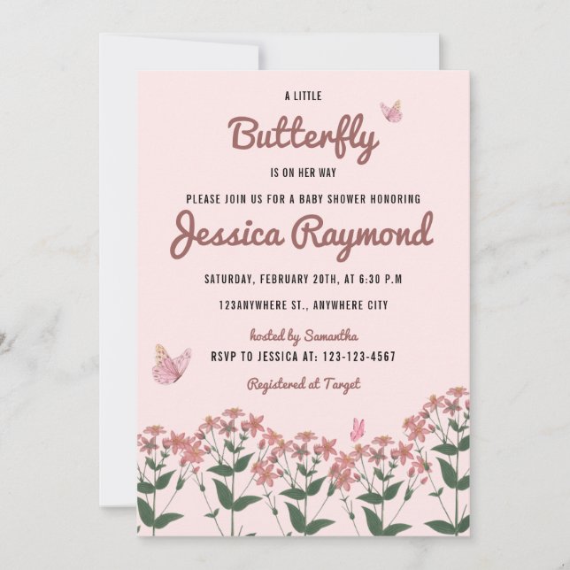 A Little Butterfly Is On Her Way Pink Baby Shower  Invitation (Front)
