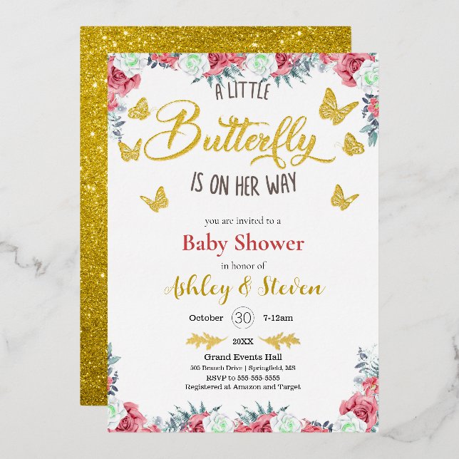 A little Butterfly is on the way Baby Shower gold  (Front/Back)