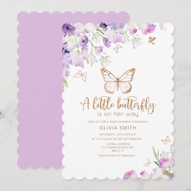 A little butterfly is on the way gold lilac invitation (Front/Back)