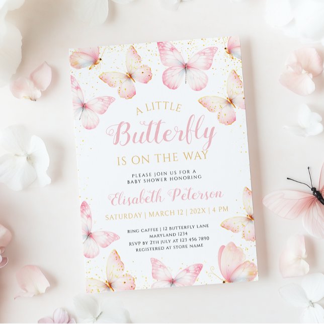 A Little Butterfly Is On The Way Pink Baby Shower Invitation (Creator Uploaded)