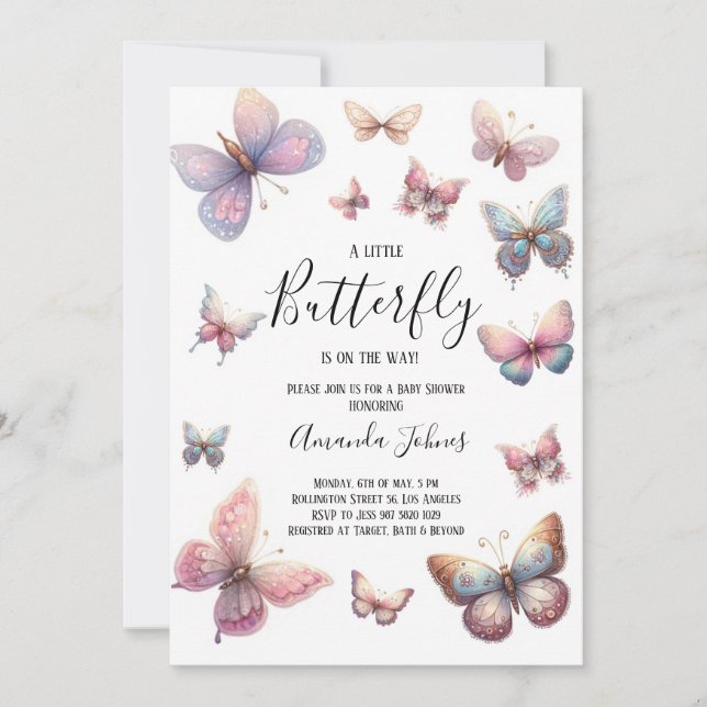 A Little Butterfly is on the way Pink Baby Shower Invitation (Front)
