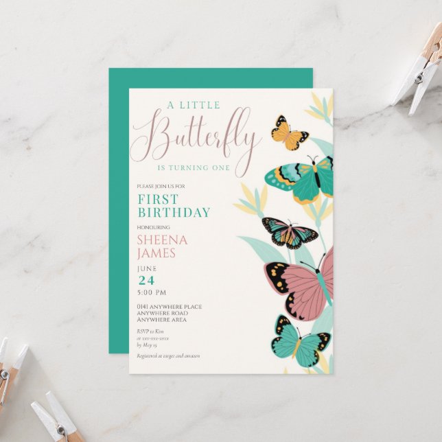 A little butterfly is turning one 1st birthday invitation (Front/Back In Situ)