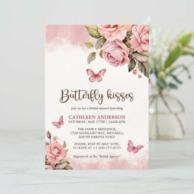 A Little Butterfly Kisses Floral Bridal Shower Invitation (Standing Front)