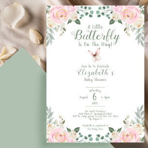 A Little Butterfly Pink and Sage Green Baby Shower Invitation
