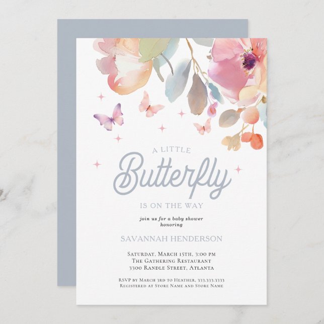 A Little Butterfly Pink Blue Floral Baby Shower Invitation (Front/Back)