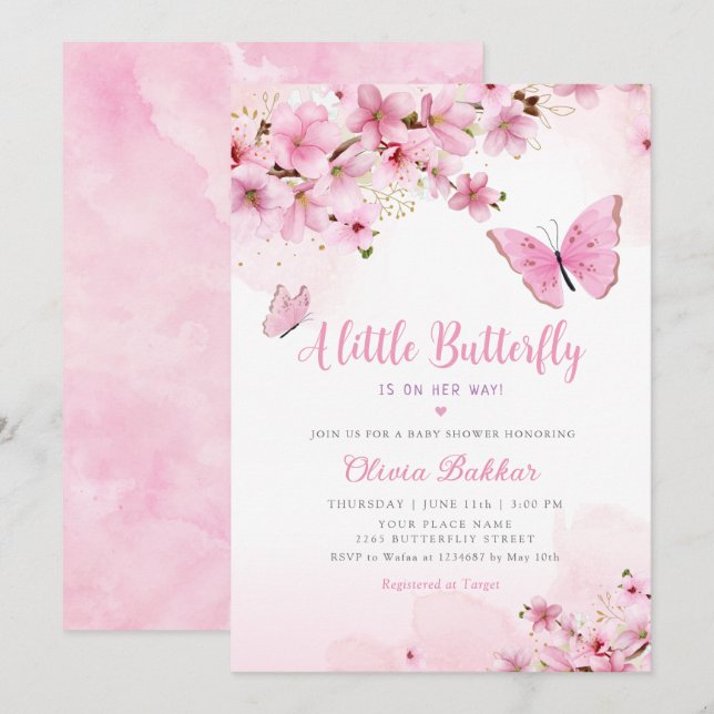 A Little Butterfly Pink Floral Girl Baby Shower Invitation (Front/Back)