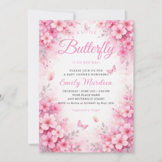 A little Butterfly Pink Floral Girl Baby Shower  Invitation
