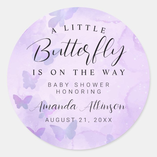 A Little Butterfly Purple Baby Shower Classic Round Sticker (Front)