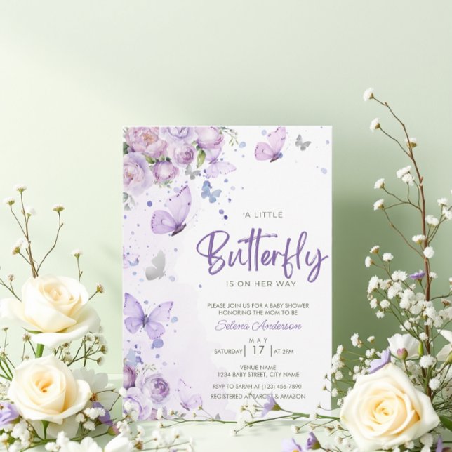 " A Little Butterfly" Purple Floral Baby Shower Invitation (Creator Uploaded)