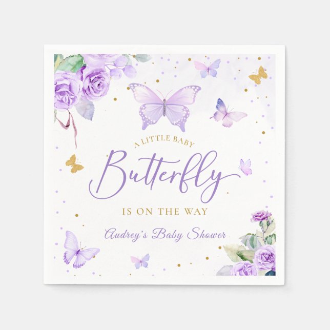 A Little Butterfly Purple Gold Floral Baby Shower Napkin (Front)