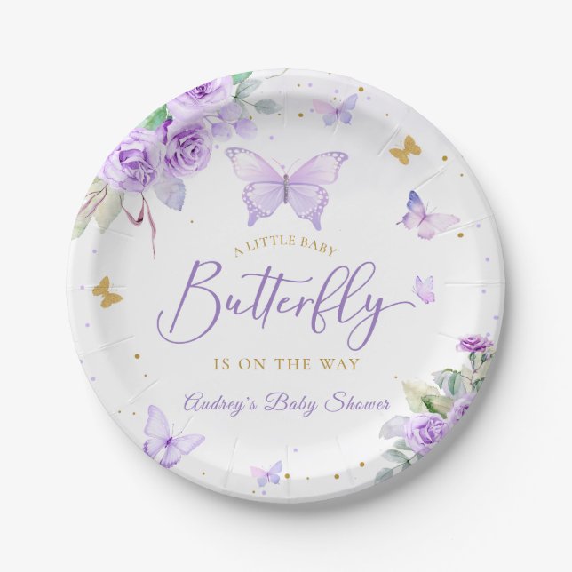 A Little Butterfly Purple Gold Floral Baby Shower Paper Plate (Front)