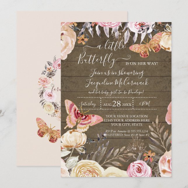 A Little Butterfly Rustic Watercolor Floral Baby Invitation (Front/Back)