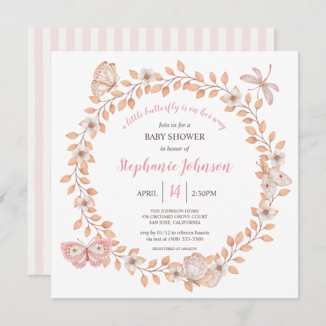 A Little Butterfly Soft Boho Peach Baby Shower Invitation (Front/Back)