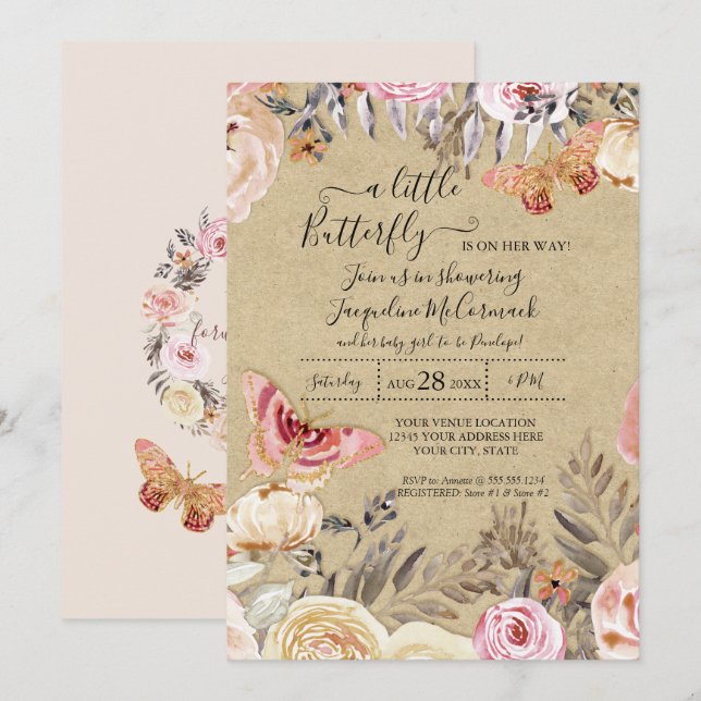 A Little Butterfly Watercolor Blush Floral Baby Invitation (Front/Back)