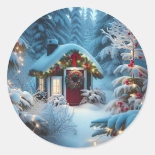 A Little Cabin in the Woods   Festive Christmas Classic Round Sticker