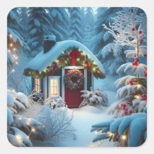 A Little Cabin in the Woods   Festive Christmas Square Sticker