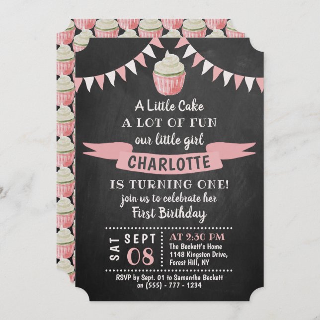 A Little Cake Chalkboard 1st Birthday Invitations (Front/Back)