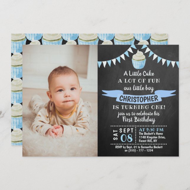 A Little Cake Chalkboard Photo 1st Birthday Invitation (Front/Back)