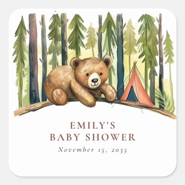 A Little Camper Forest Baby Shower Square Sticker (Front)