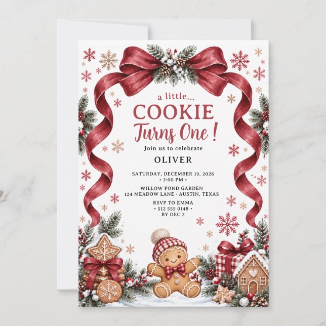 A Little Cookie Gingerbread Bow First Birthday Invitation (Front)