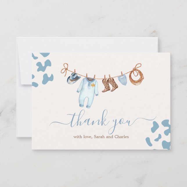 A little Cowboy Baby Shower Blue Thank You Card (Front)