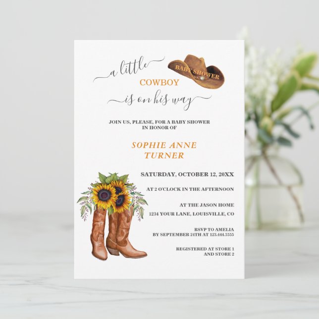 A Little Cowboy Boots Boy Calligraphy Baby Shower  Invitation (Standing Front)