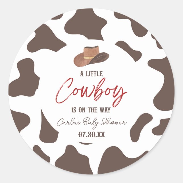 A Little Cowboy Cow Boy Rodeo Western Baby Shower Classic Round Sticker (Front)