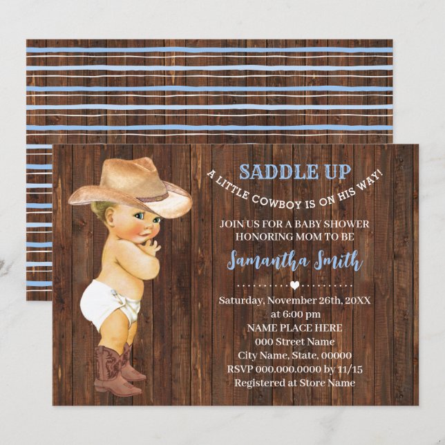 A Little Cowboy in on His Way Blue Baby Shower Invitation (Front/Back)