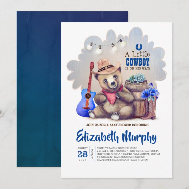A Little Cowboy Is On His Way Bear Baby Shower Invitation (Front/Back)