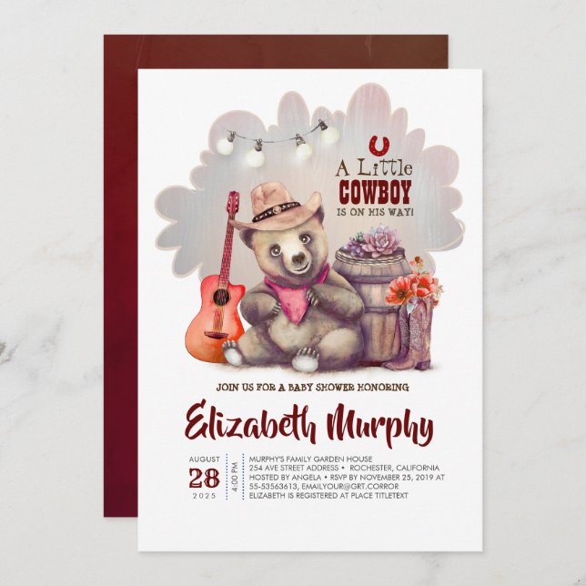 A Little Cowboy Is On His Way Bear Baby Shower Invitation (Front/Back)