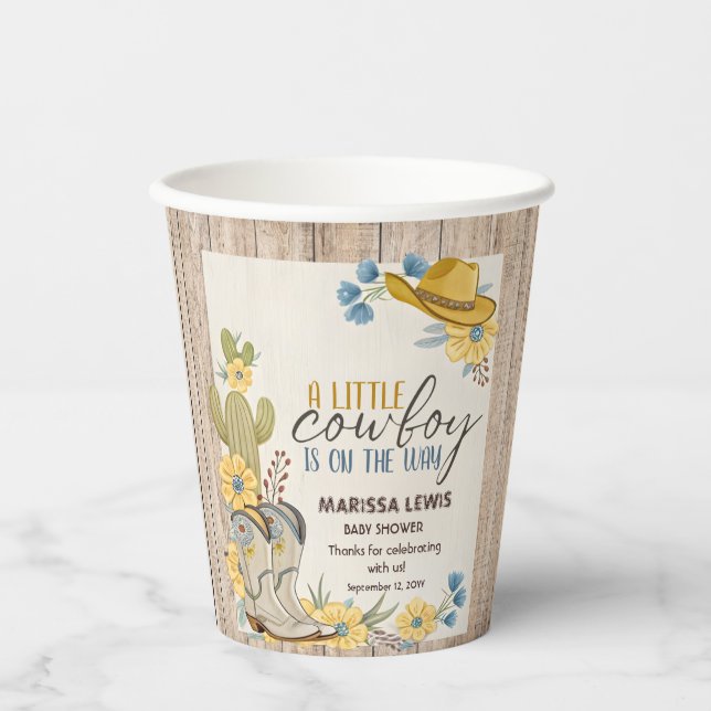 A Little Cowboy Is On His Way Bleu Yellow Western  Paper Cups (Front)