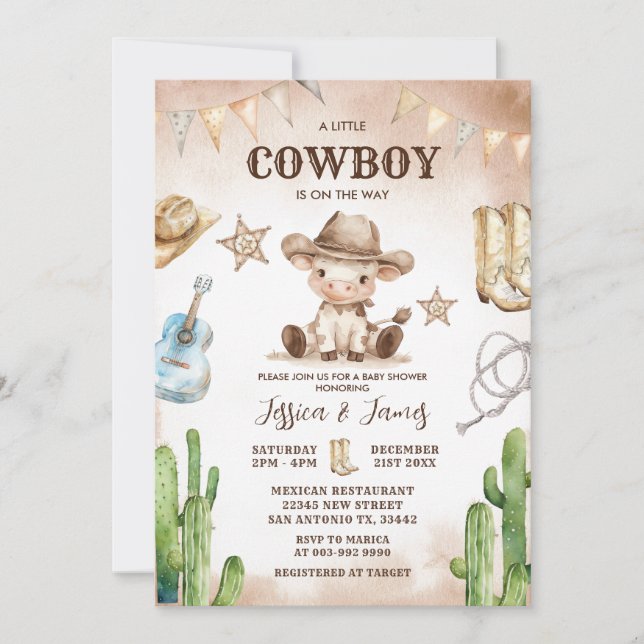 A Little Cowboy is on the Way Baby shower Invitation (Front)