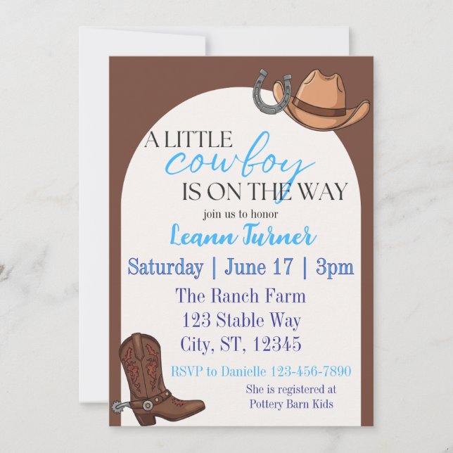 A little cowboy is on the way baby shower invitation (Front)