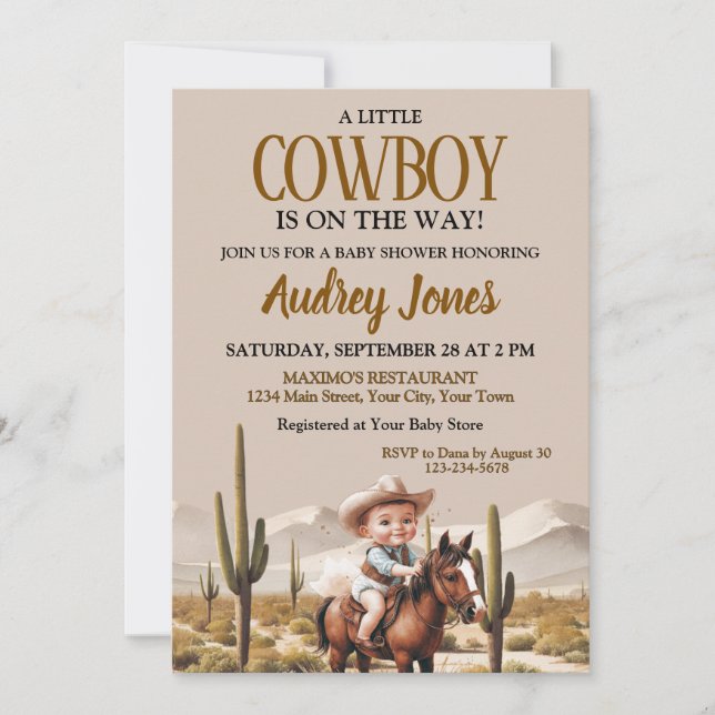 A Little Cowboy Is On The Way Baby Shower Invitation (Front)