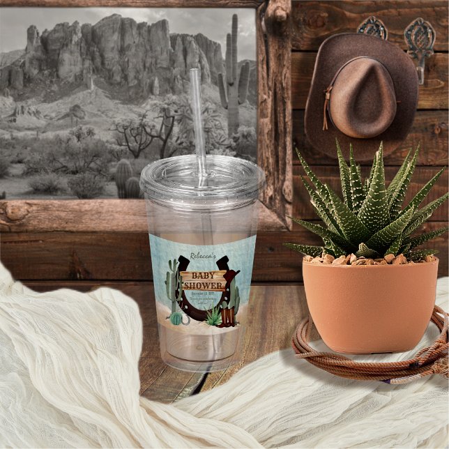 A Little Cowboy Western Boy Baby Shower Acrylic Tumbler (Rustic Western Boy Baby Shower Acrylic Tumbler -- "A Little Cowboy Is On His Way" Collection)