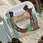 A Little Cowboy Western Boy Baby Shower Paper Plate<br><div class="desc">"A Little Cowboy Is On His Way" and we know you are so excited! Celebrate the Mum (or Parents) to Be in rustic western cow poke style with this boy "Baby Shower" design. Features a watercolor sand base with assorted cacti, a horseshoe, boots and cowboy hat along with a rustic...</div>