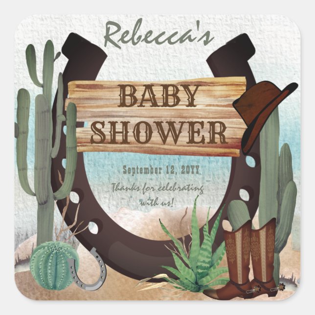 A Little Cowboy Western Boy Baby Shower Square Sticker (Front)