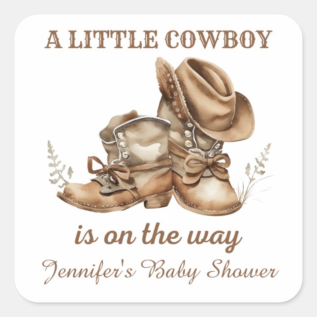 a little cowboy western boy baby shower  square sticker (Front)