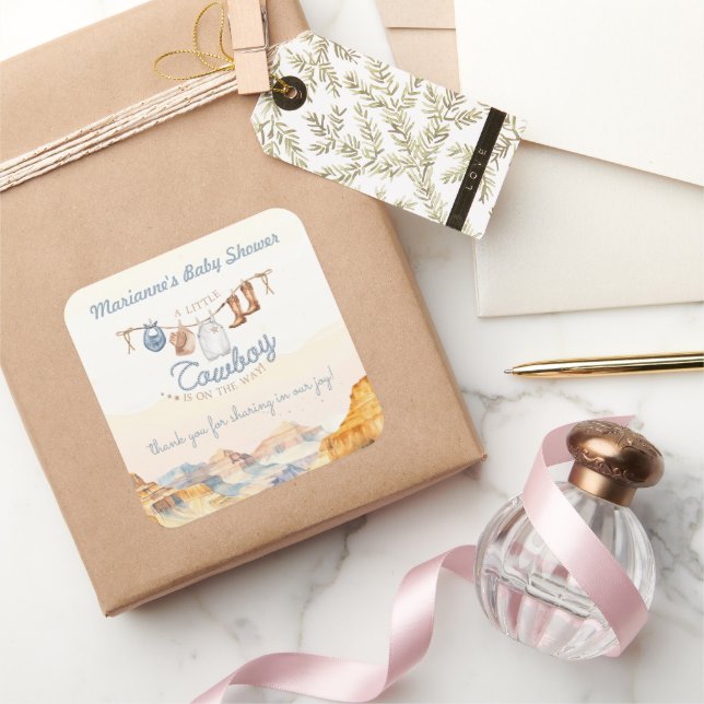 A Little Cowboy Western Canyon Baby Shower Square Sticker (Gifting)