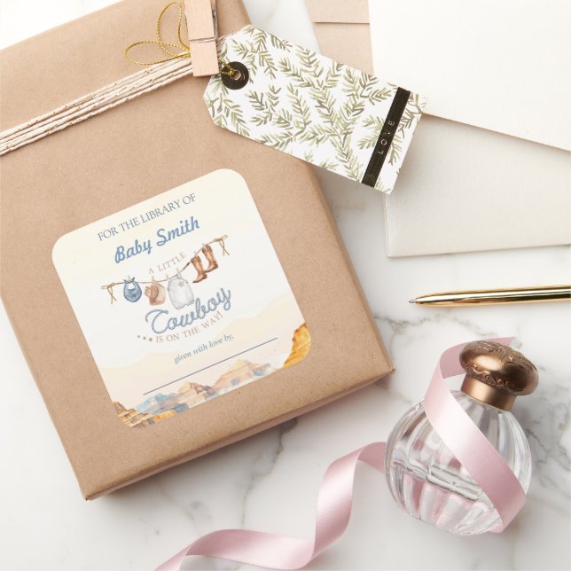 A Little Cowboy Western Canyon Bookplate Square Sticker (Gifting)