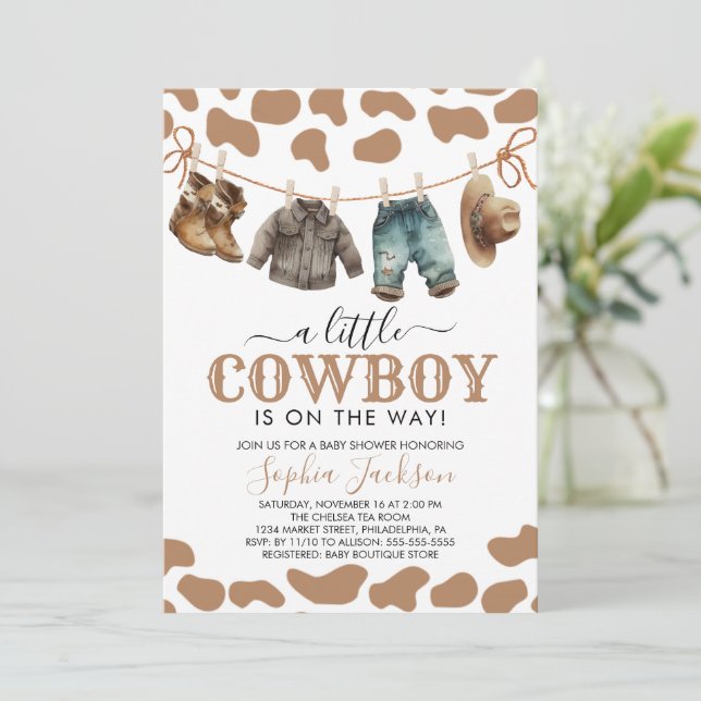 A Little Cowboy Wild West Brown Cowboy Baby Shower Invitation (Standing Front)