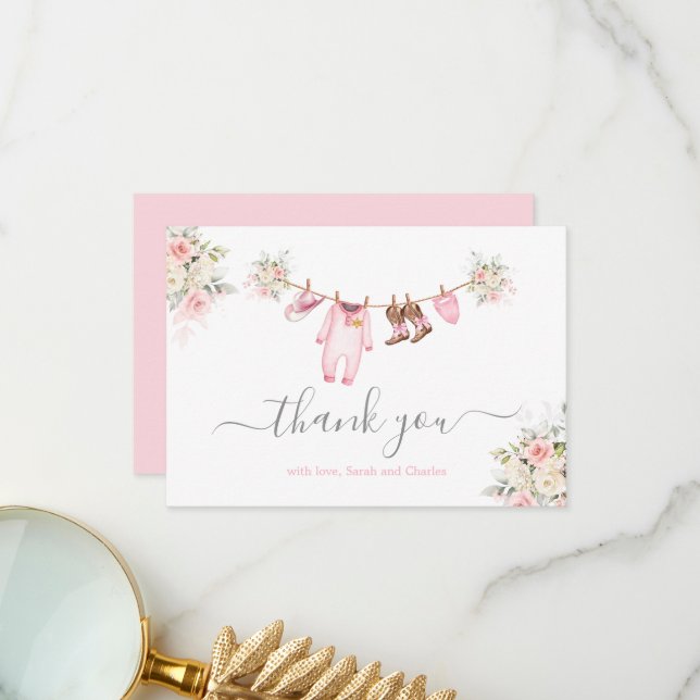 A little Cowgirl Baby Shower Pink Thank You Card (Front/Back In Situ)